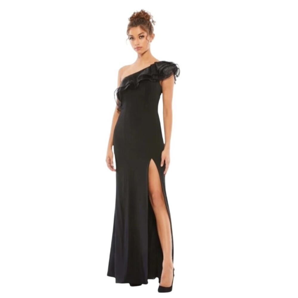 Mac Duggal One Shoulder 80s Retro Glam Ruffle Trim High Slit Black Gown 6 NWT - Picture 3 of 9